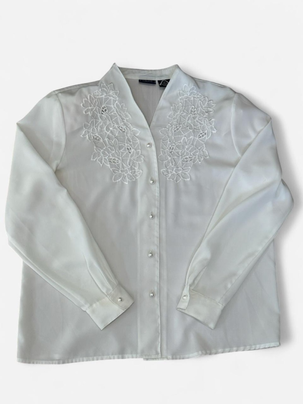 Vintage Laura Scott Pearl Button Blouse White Floral Cutout Embroidered Size 14
